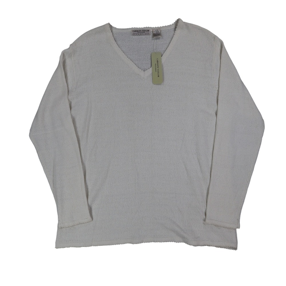 Carolyn Taylor Essentials Women Large White V-Neck Scallop Trim Knit Sweater NWT